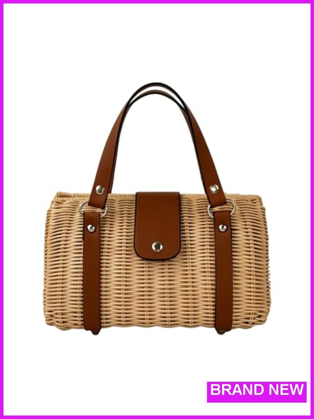 Structured Rattan Straw Tote Bag with Reinforced Handles Zipper Closure Summer